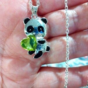 NEW! Silver Panda Necklace with Green Heart Pendant